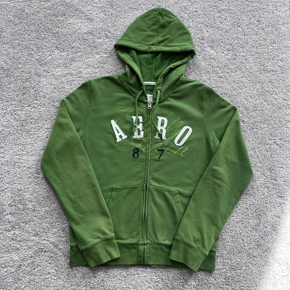 Aeropostale Hoodie‎ Womens L Green Full Zip AERO 87 Logo Graphic Sweatshirt